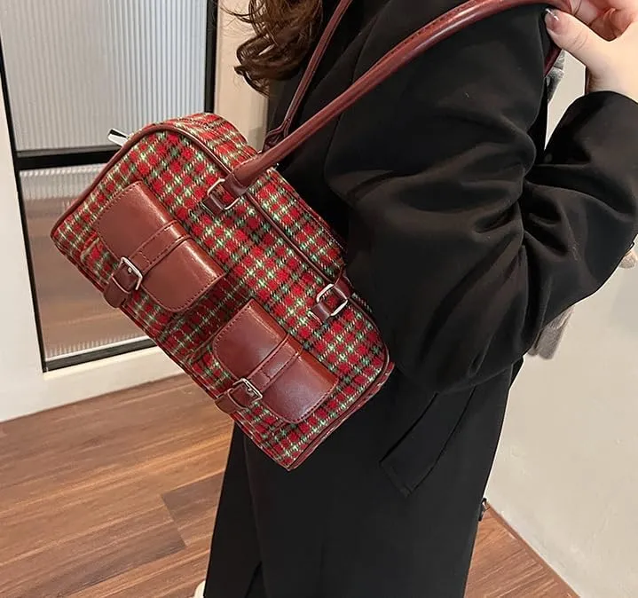 Purses for Women Plaid Purse Trendy Bag Retro Boston Bag Shoulder Bag Going Out Purse Versatile Work Tote Christmas Purse