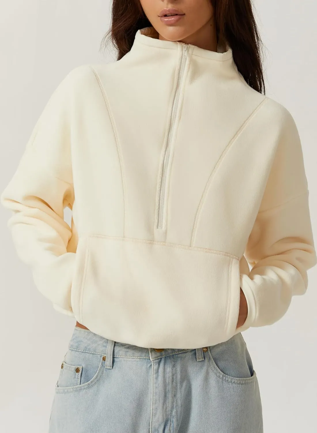 QINSEN Women Half Zip Fleece Sweatshirt Mock Neck Long Sleeve Winter Cozy Sherpa Pullover Sweater Tops