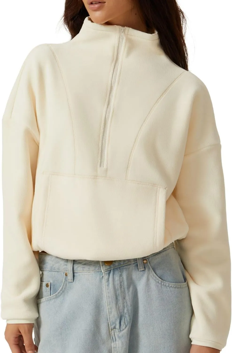 QINSEN Women Half Zip Fleece Sweatshirt Mock Neck Long Sleeve Winter Cozy Sherpa Pullover Sweater Tops