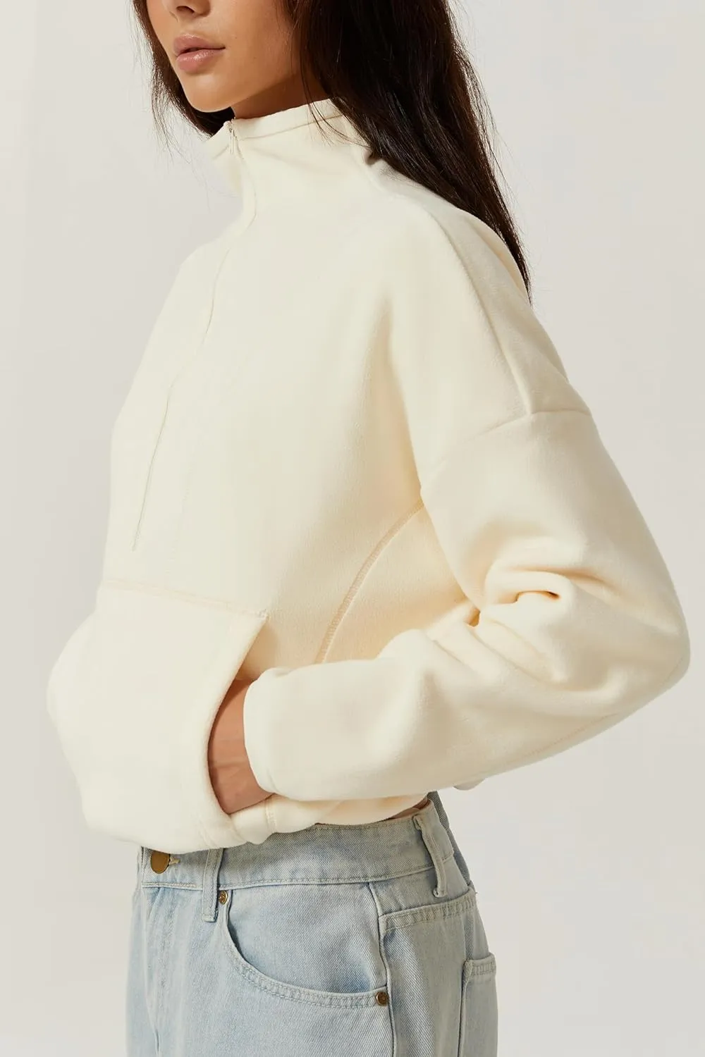 QINSEN Women Half Zip Fleece Sweatshirt Mock Neck Long Sleeve Winter Cozy Sherpa Pullover Sweater Tops