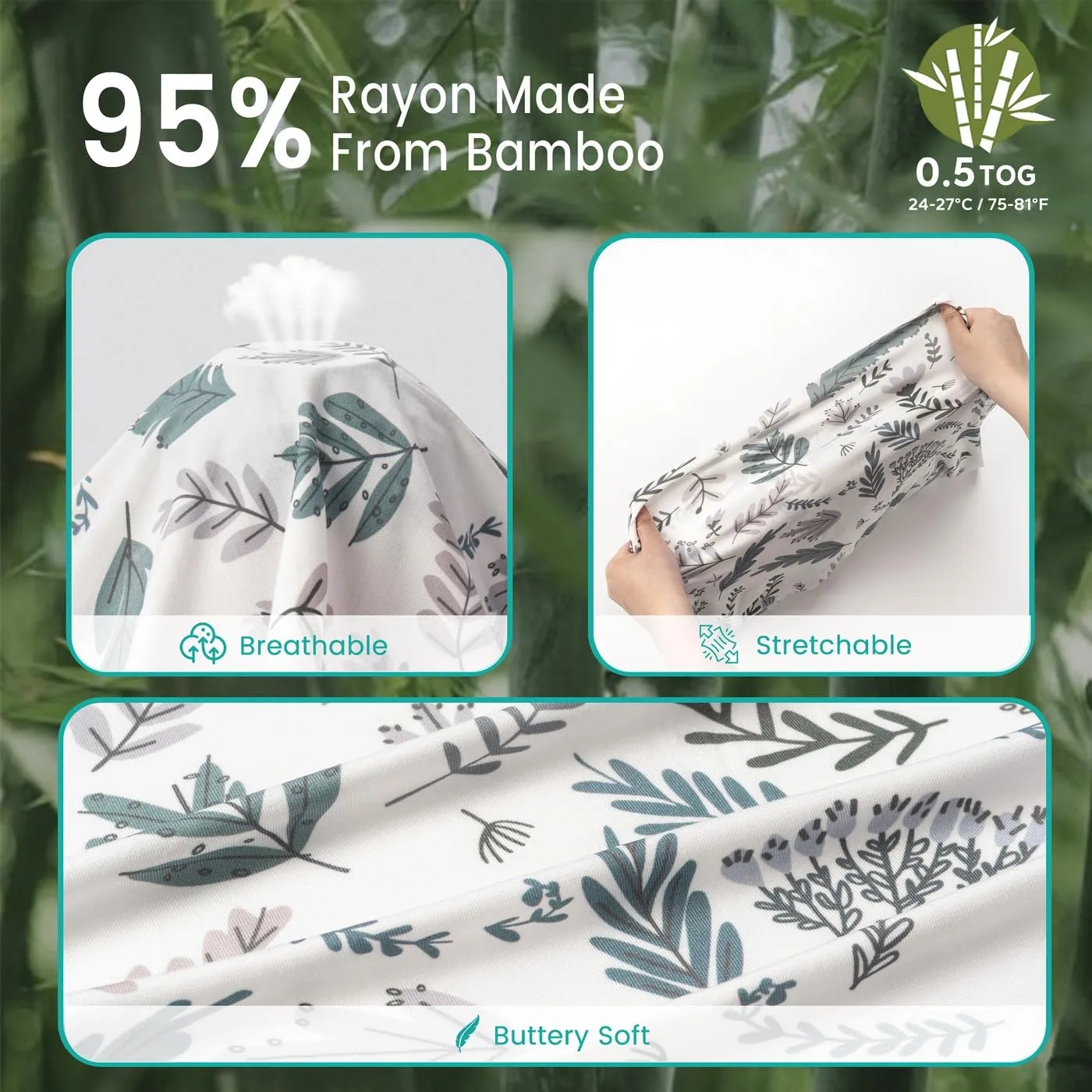Rayon Made from Bamboo Sleep Sacks, 0.5 TOG Wearable Blanket Baby, Lightweight Stretchy Sleep Sacks 6-12 Months, 2 Pack Infant Sleeping Bags, Green & Leaves