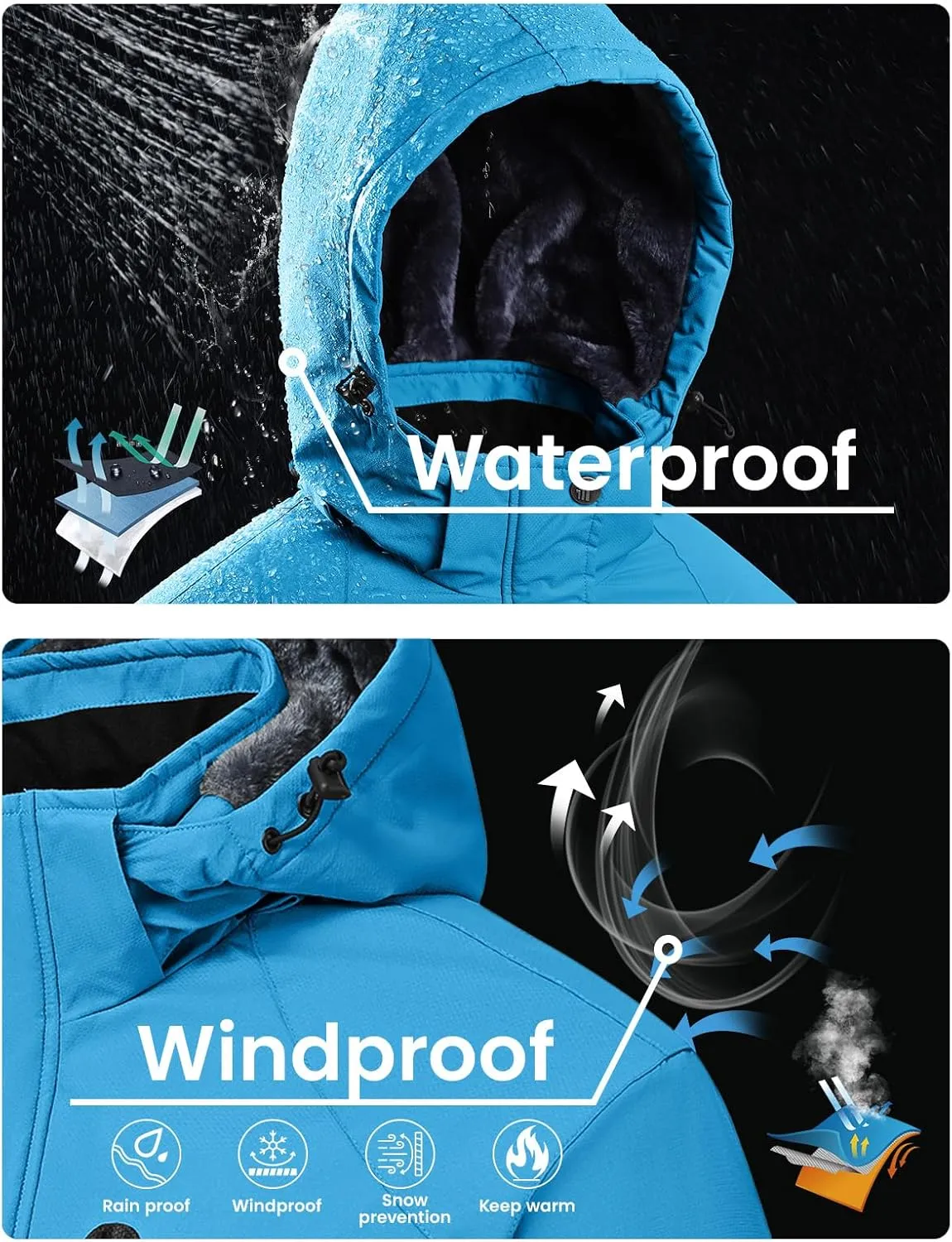 Rdruko Men's Ski Snow Jacket Waterproof Winter Insulated Fleece Hooded Outdoor Mountain Coat