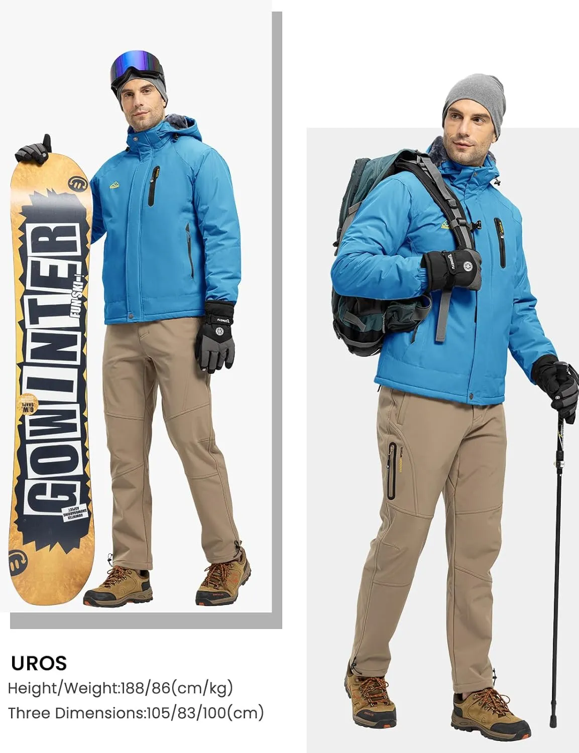 Rdruko Men's Ski Snow Jacket Waterproof Winter Insulated Fleece Hooded Outdoor Mountain Coat