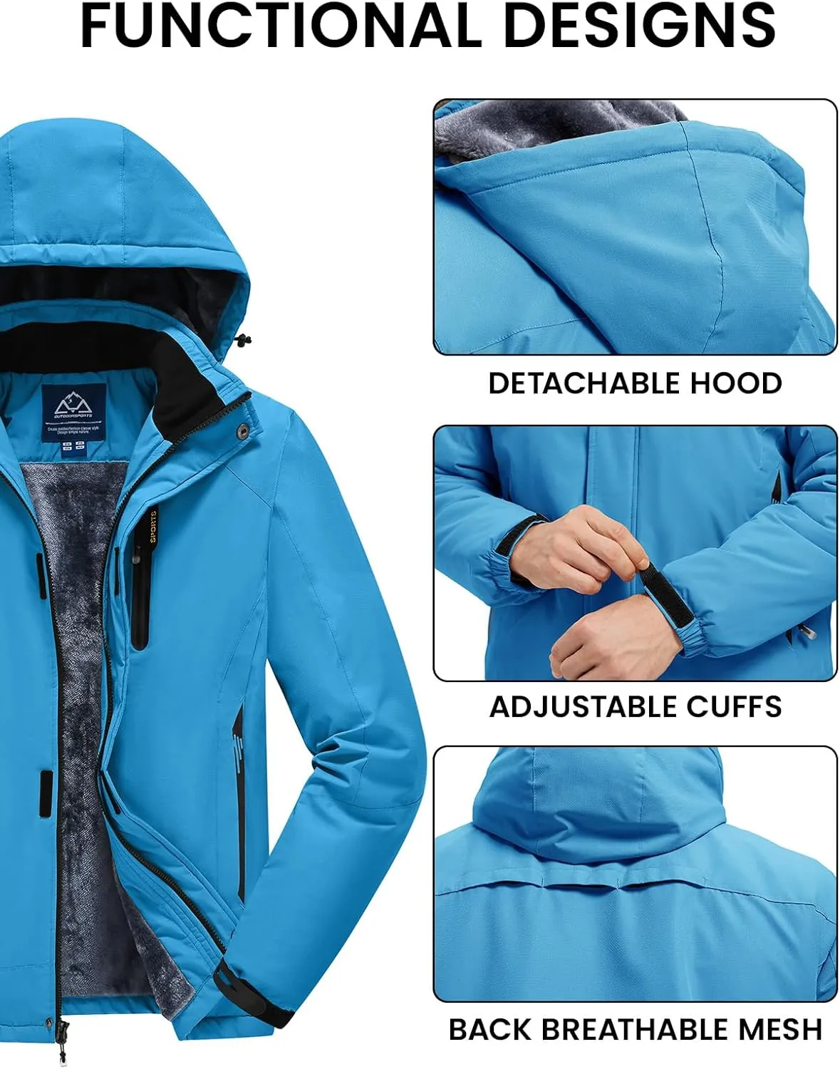 Rdruko Men's Ski Snow Jacket Waterproof Winter Insulated Fleece Hooded Outdoor Mountain Coat