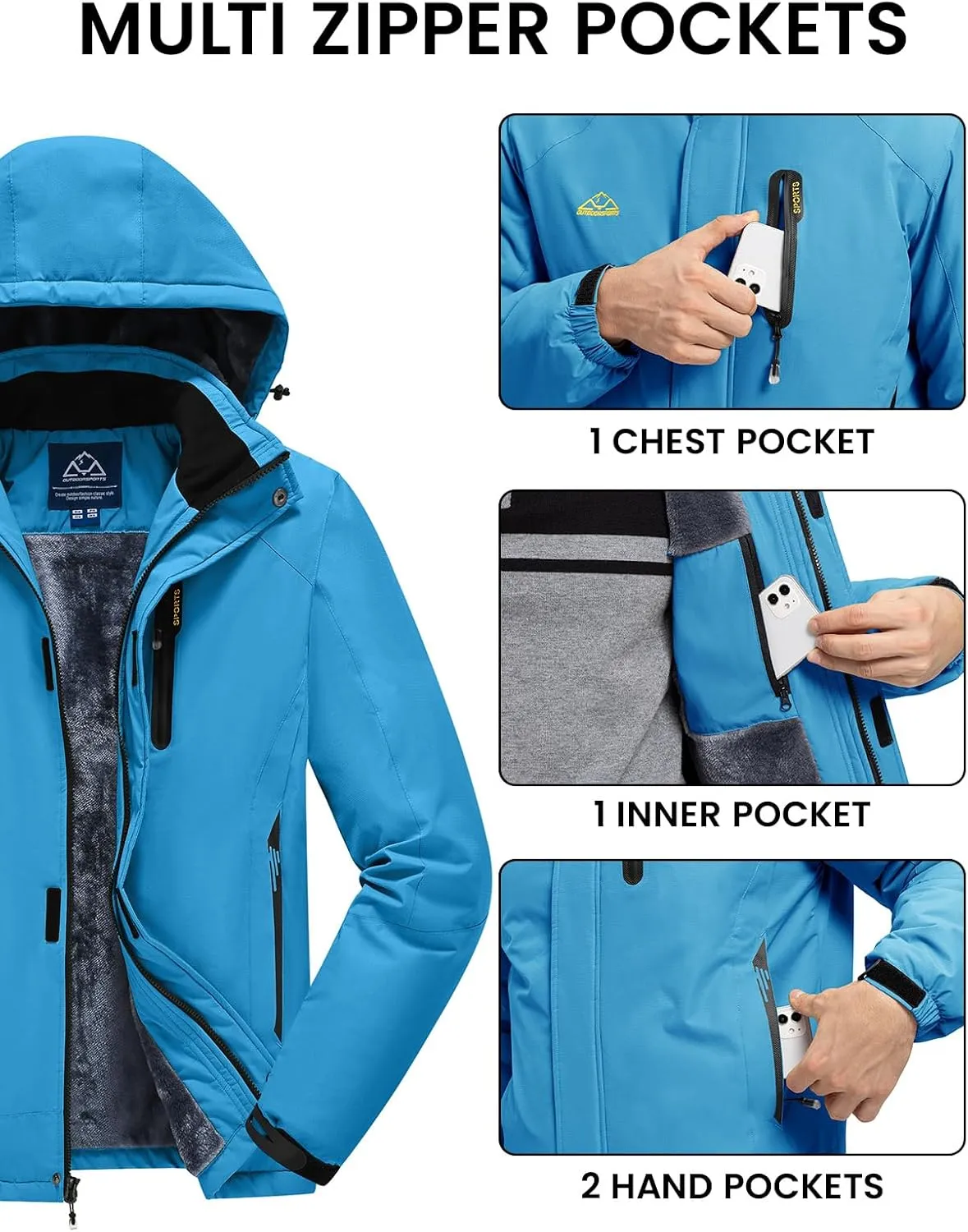 Rdruko Men's Ski Snow Jacket Waterproof Winter Insulated Fleece Hooded Outdoor Mountain Coat