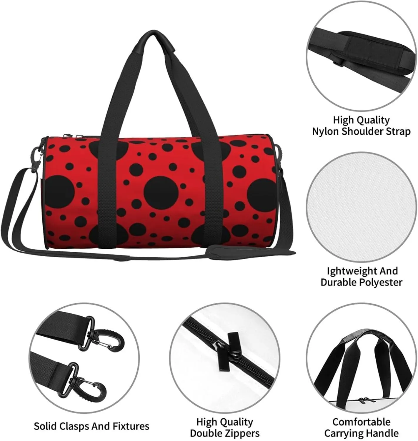 Red Black Polka Dot Ladybug Funny Cute Foldable Duffle for Women - Workout Bag for Gym Men - Boy Gym - Girls Small Weekender Duffel - Packable Luggage for Travel Sports