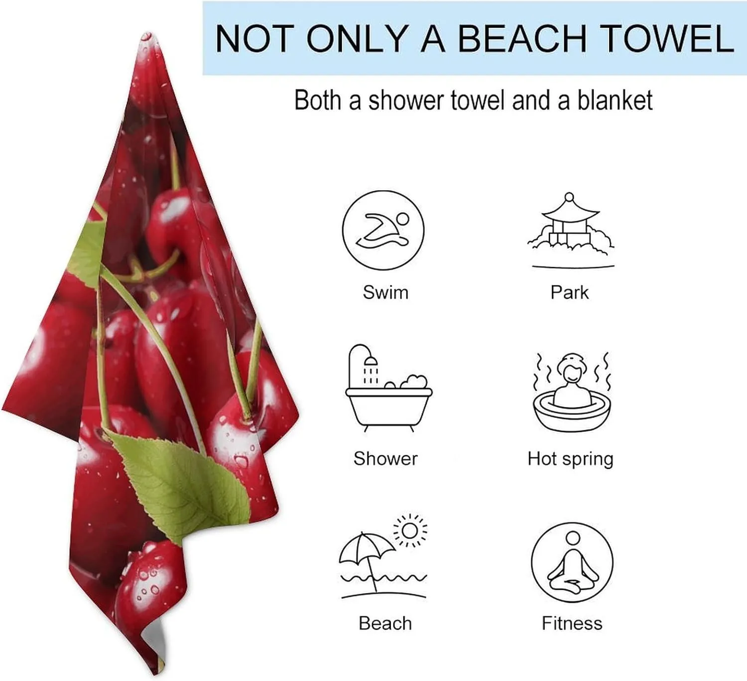 Red Cherries Beach Towel Oversized Beach Blanket Waterproof Sandproof Pool Towels 31x51 Inches Quick Drying Outdoor Travel Towel Summer Essentials for Travel, Camping, Hiking