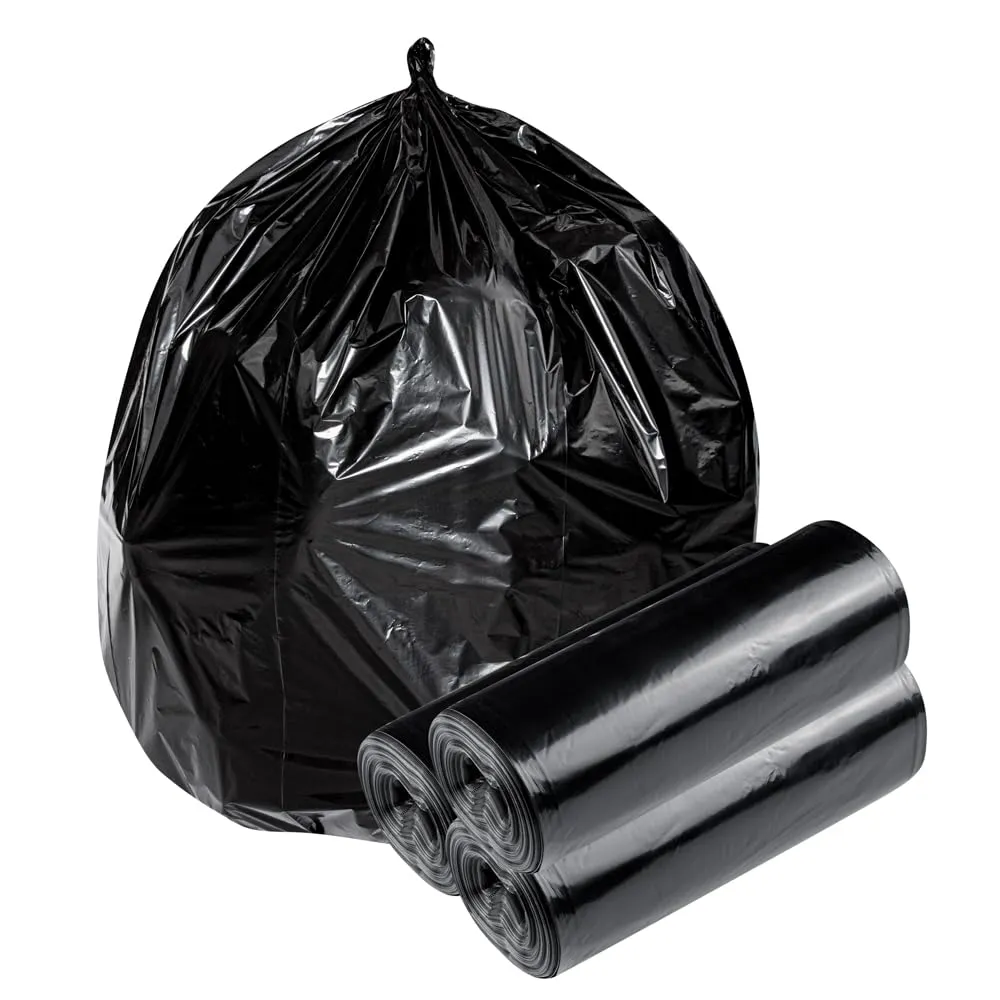 Restaurantware RW Clean 45 Gallon Trash Bags 100 Light-Duty Garbage Can Liners - Fits 40-45 Gallon Trash Cans Stretchable Black Plastic Bin Liners With Star Seal Bottom