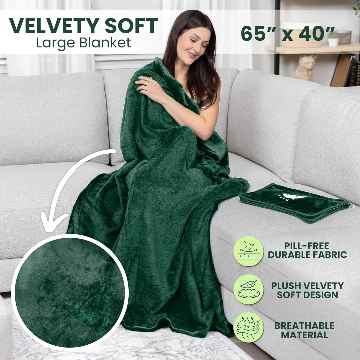 Resty Travel Blanket - Compact Airplane Blanket with Bag - Small and Lightweight Traveling Blanket & Pillow - Portable Blankets with Carabiner for Easy Transport - Plane Train Car (Forest Green)