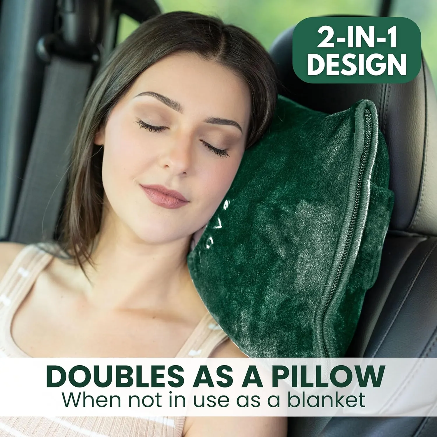 Resty Travel Blanket - Compact Airplane Blanket with Bag - Small and Lightweight Traveling Blanket & Pillow - Portable Blankets with Carabiner for Easy Transport - Plane Train Car (Forest Green)