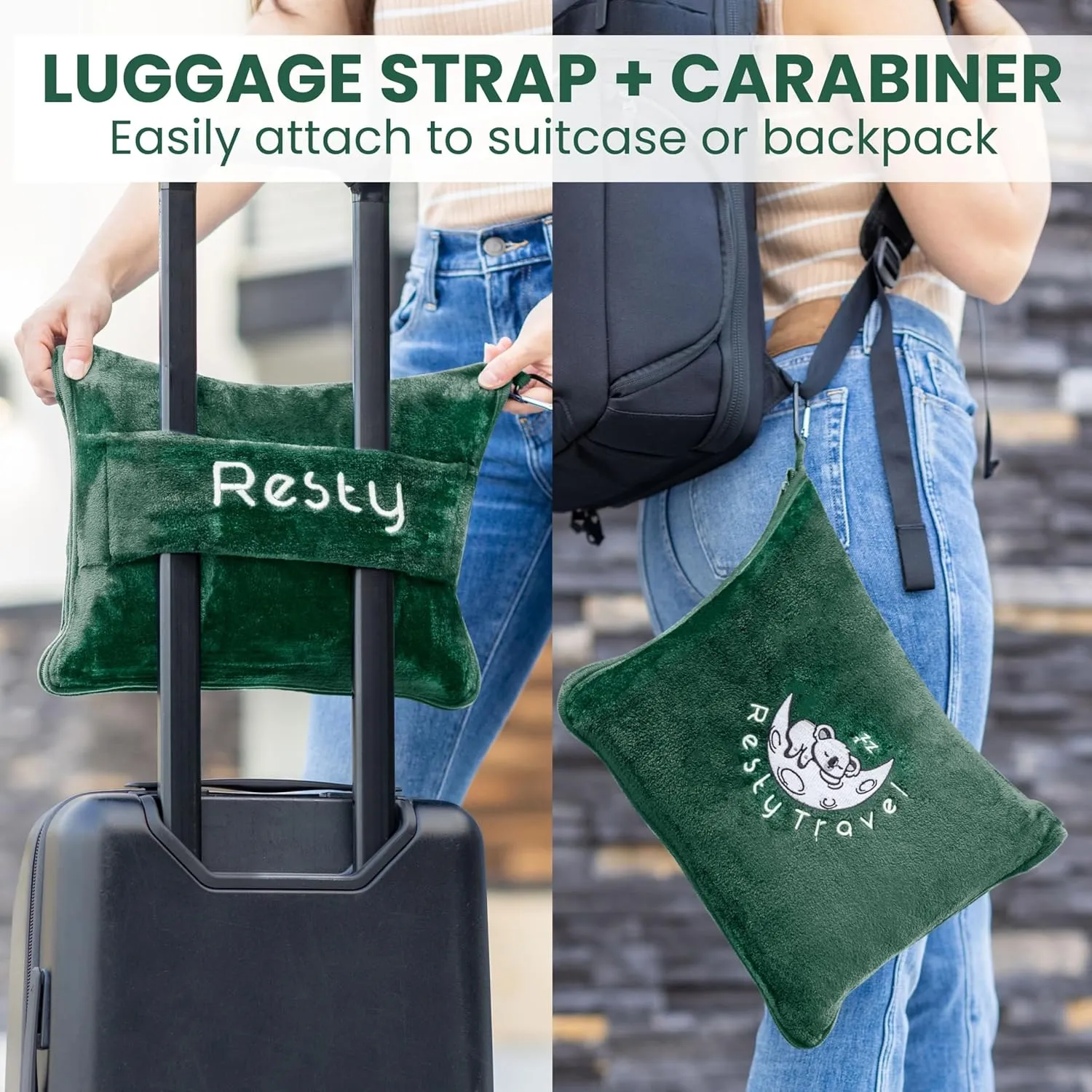 Resty Travel Blanket - Compact Airplane Blanket with Bag - Small and Lightweight Traveling Blanket & Pillow - Portable Blankets with Carabiner for Easy Transport - Plane Train Car (Forest Green)