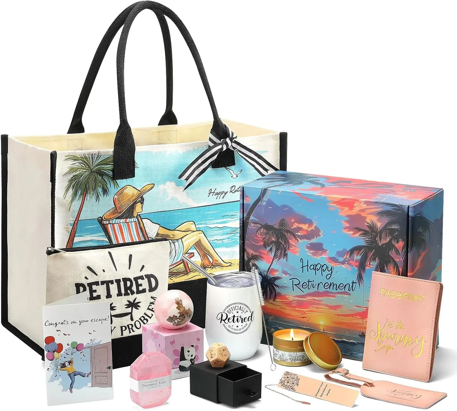 Retirement Gift for Woman 2025,11 Pcs Happy Retired Gifts with Retirees Tumbler, Travel Tote Bag Set,Funny Decider Dice, Best Retirement Gifts Baskets for Coworker Teacher Nurses Friends