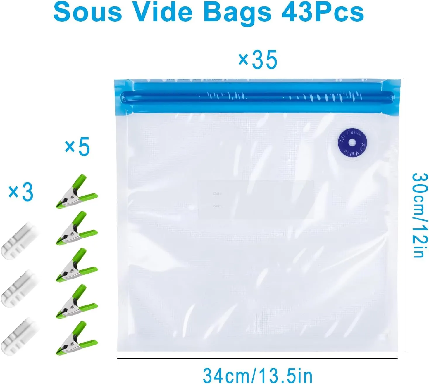Reusable Sous Vide Bags 43Pcs BPA-Free, 4.3L Vacuum Sealer Bags for Cooking & Microwave, 35 Zipper Bags, 3 Seal Clips ＆ 5 Cooking Clips, Heat-Resistant & Leakproof (12x13.5in)