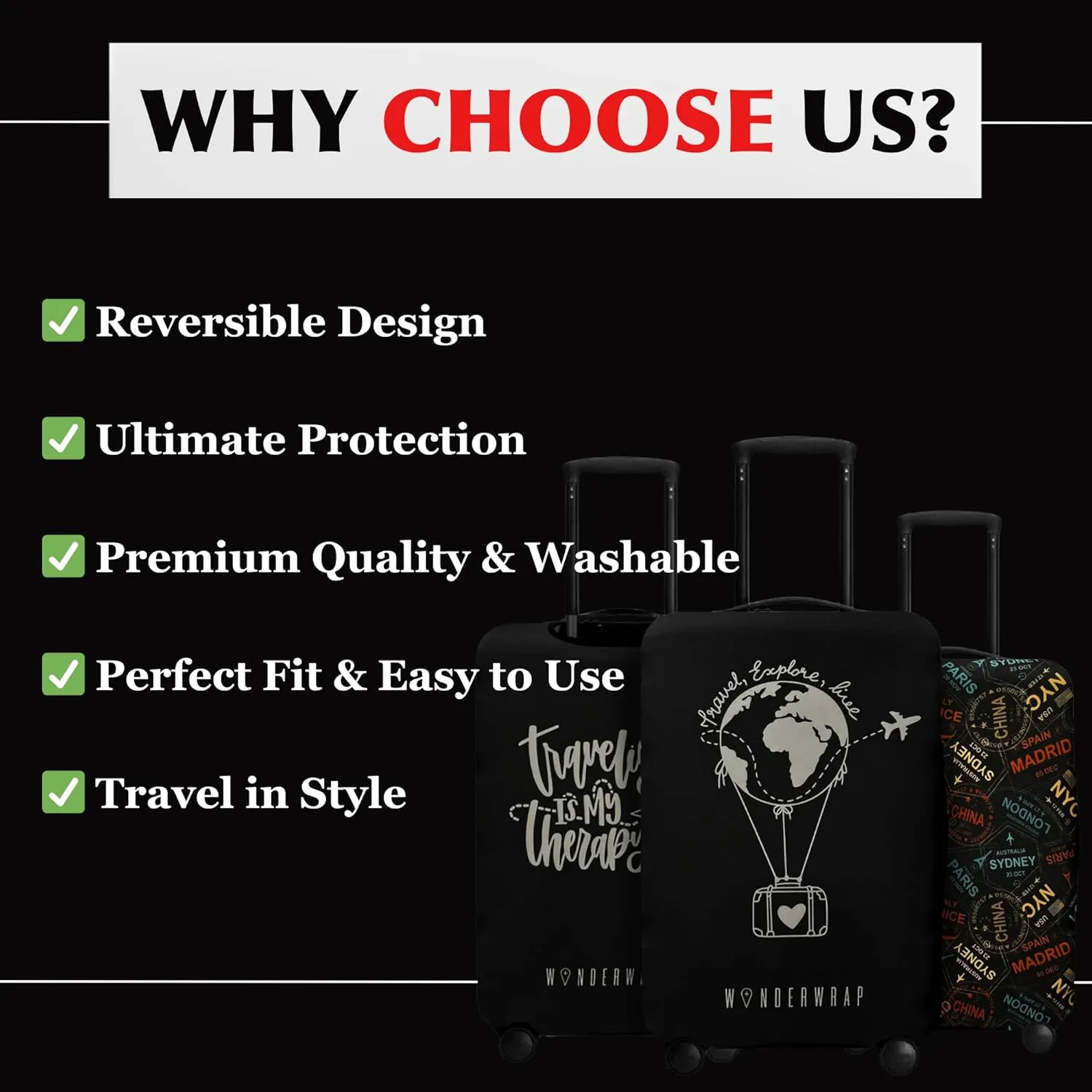 Reversible Luggage Covers & Protectors - Versatile & Washable Luggage & Suitcase Covers | Anti-Scratch Suitcase Cover for Travel (Black City Codes, Medium 58-63 x 38-42 x 23-27cm)