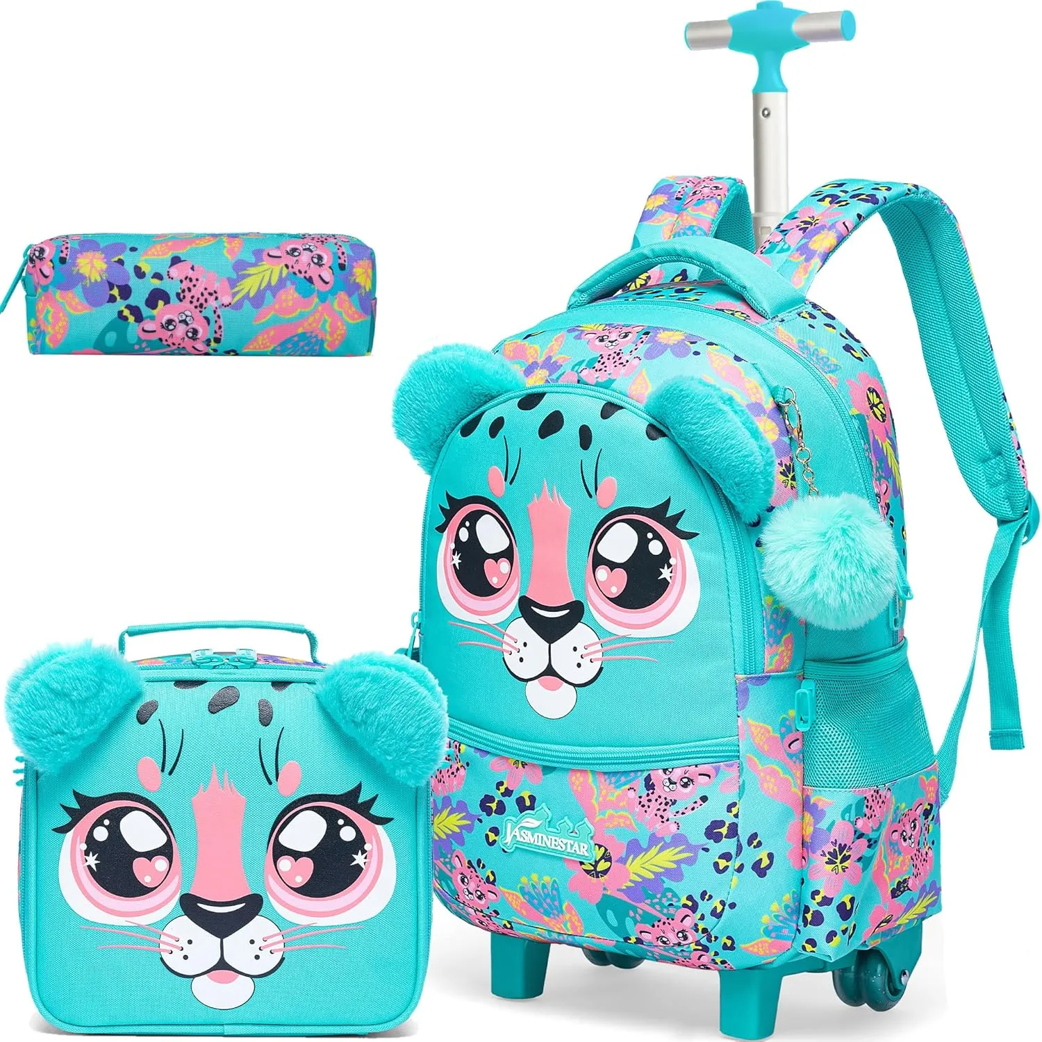 Rolling Backpack for Girls Backpacks with Wheels for Elementary School Students Kids 3 in 1 Travel Luggage Suitcase with Lunch Box Pencil Case for Girls Age 8-10