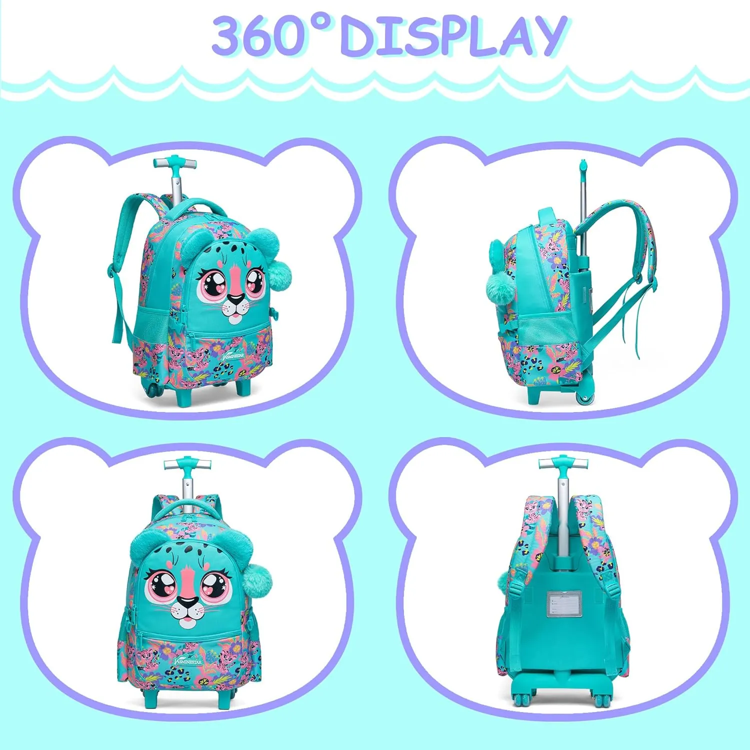 Rolling Backpack for Girls Backpacks with Wheels for Elementary School Students Kids 3 in 1 Travel Luggage Suitcase with Lunch Box Pencil Case for Girls Age 8-10