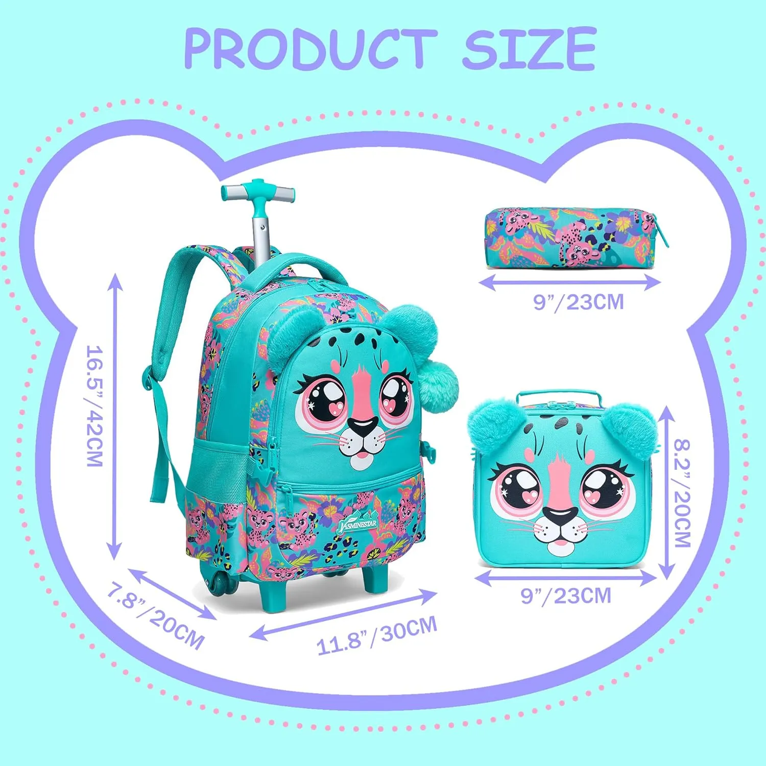Rolling Backpack for Girls Backpacks with Wheels for Elementary School Students Kids 3 in 1 Travel Luggage Suitcase with Lunch Box Pencil Case for Girls Age 8-10