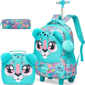 Rolling Backpack for Girls Backpacks with Wheels for Elementary School Students Kids 3 in 1 Travel Luggage Suitcase with Lunch Box Pencil Case for Girls Age 8-10
