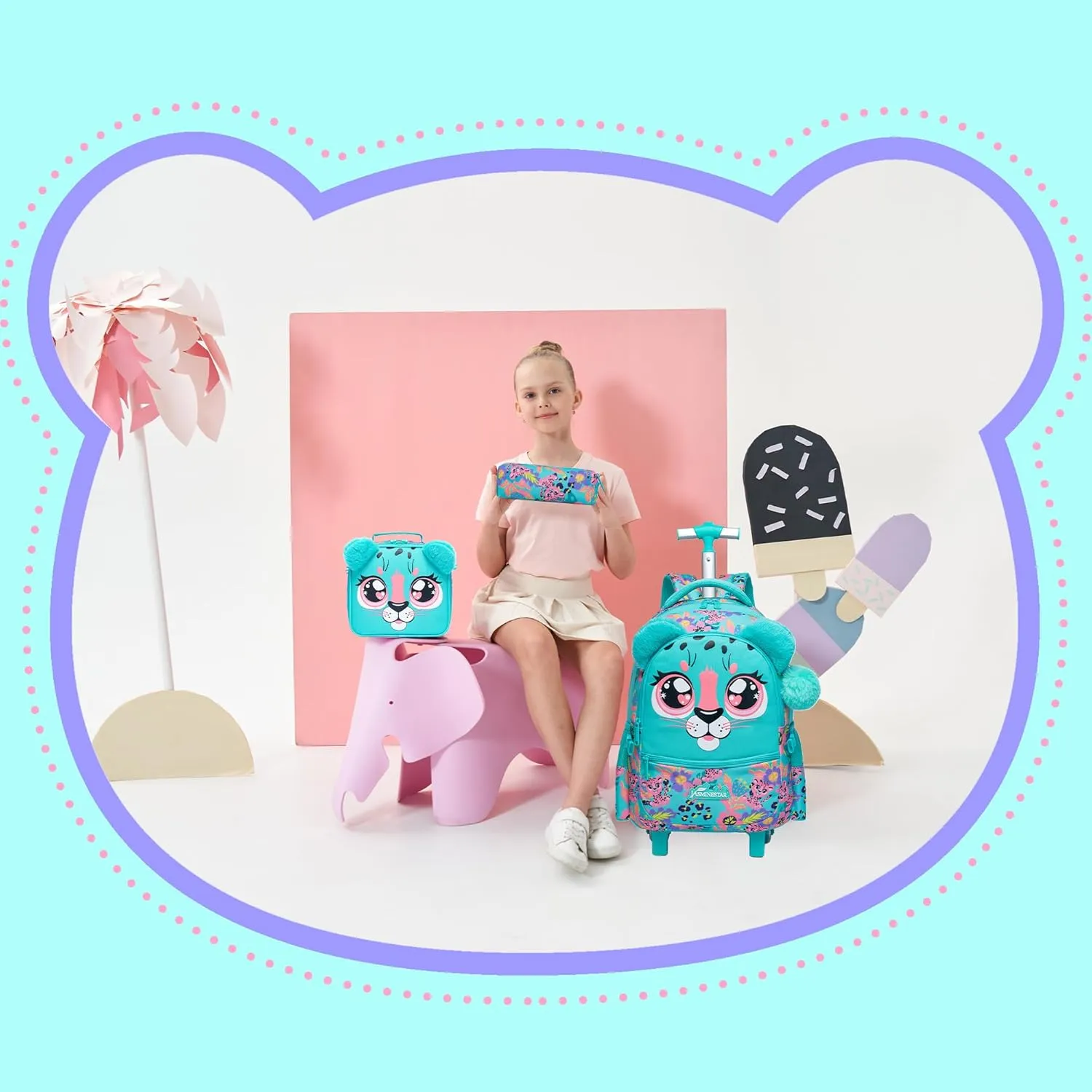 Rolling Backpack for Girls Backpacks with Wheels for Elementary School Students Kids 3 in 1 Travel Luggage Suitcase with Lunch Box Pencil Case for Girls Age 8-10