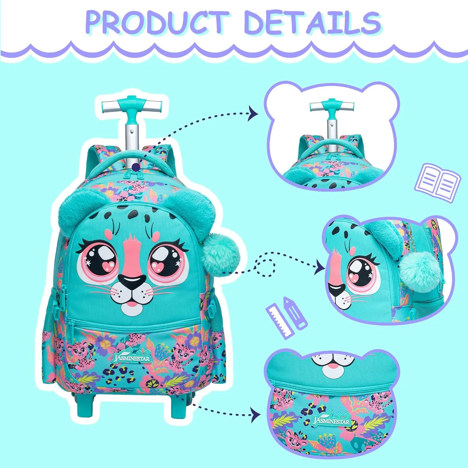 Rolling Backpack for Girls Backpacks with Wheels for Elementary School Students Kids 3 in 1 Travel Luggage Suitcase with Lunch Box Pencil Case for Girls Age 8-10