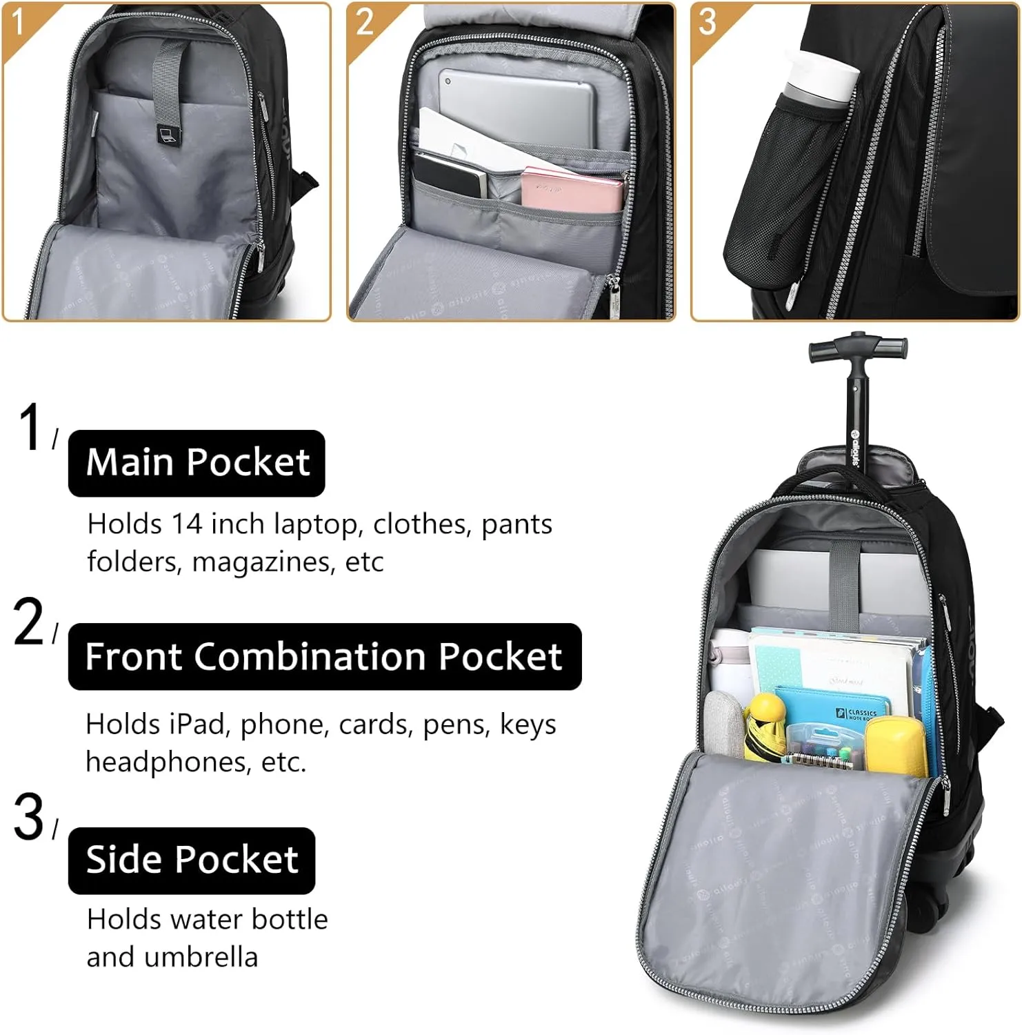 Rolling Backpack with 4 Detachable Wheels 18 Inch Wheeled Laptop Backpack for Men Women Carry on Luggage Business Bag Water Resistant Roller Backpack for Adults to Travel, Black