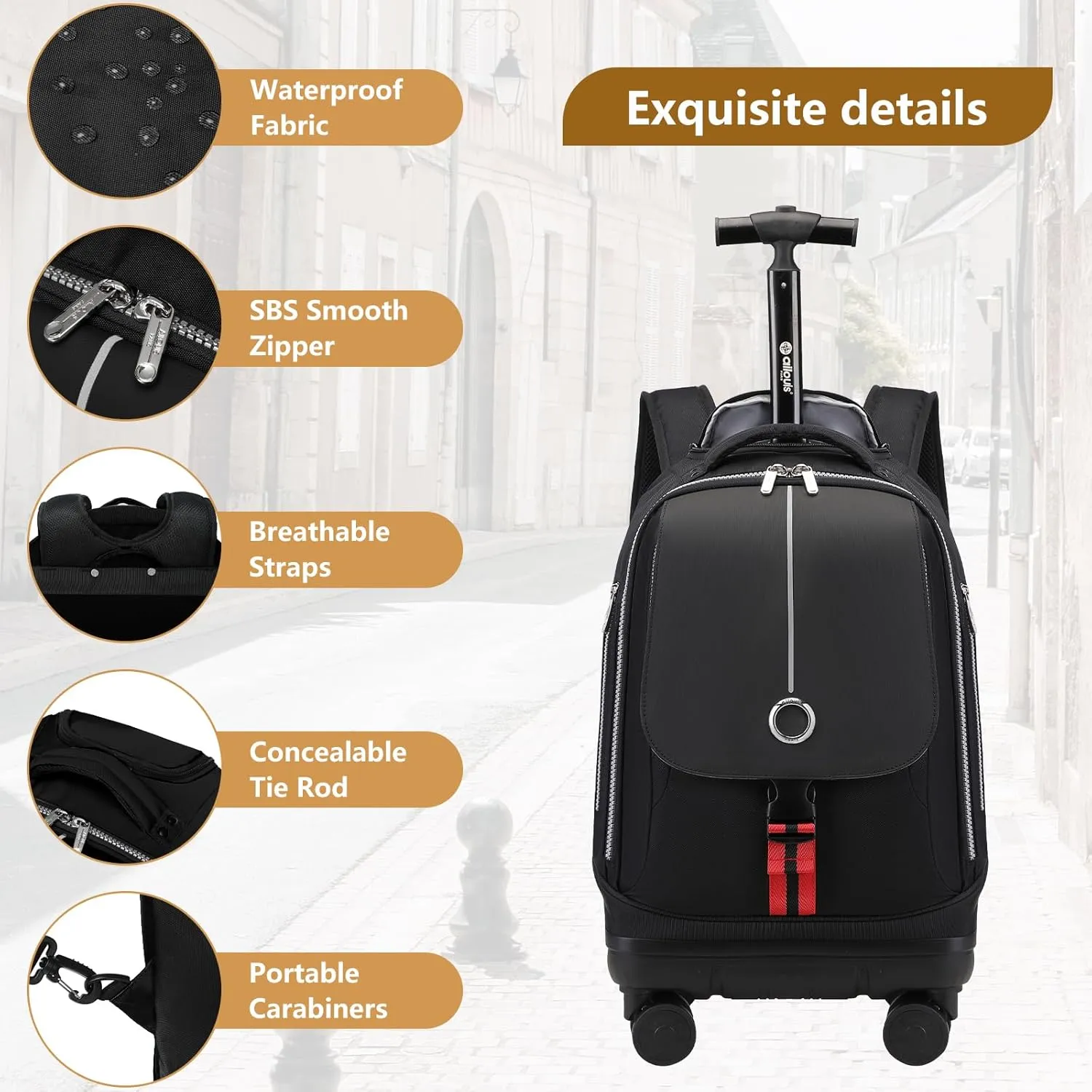 Rolling Backpack with 4 Detachable Wheels 18 Inch Wheeled Laptop Backpack for Men Women Carry on Luggage Business Bag Water Resistant Roller Backpack for Adults to Travel, Black