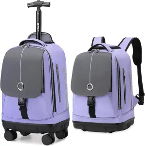 Rolling Backpack with 4 Detachable Wheels 18 Inch Wheeled Laptop Backpack for Men Women Carry on Luggage Business Bag Water Resistant Roller Backpack for Adults to Travel, Purple