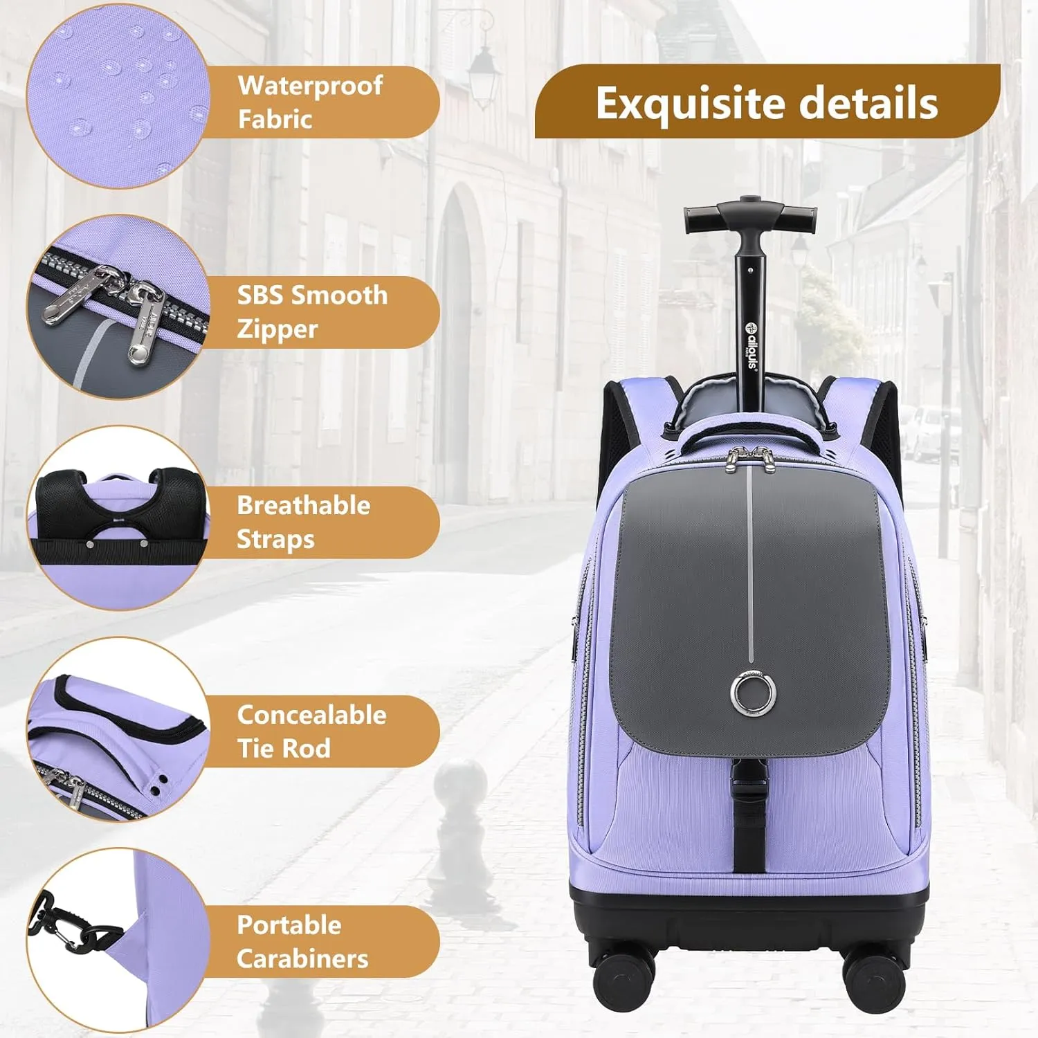 Rolling Backpack with 4 Detachable Wheels 18 Inch Wheeled Laptop Backpack for Men Women Carry on Luggage Business Bag Water Resistant Roller Backpack for Adults to Travel, Purple