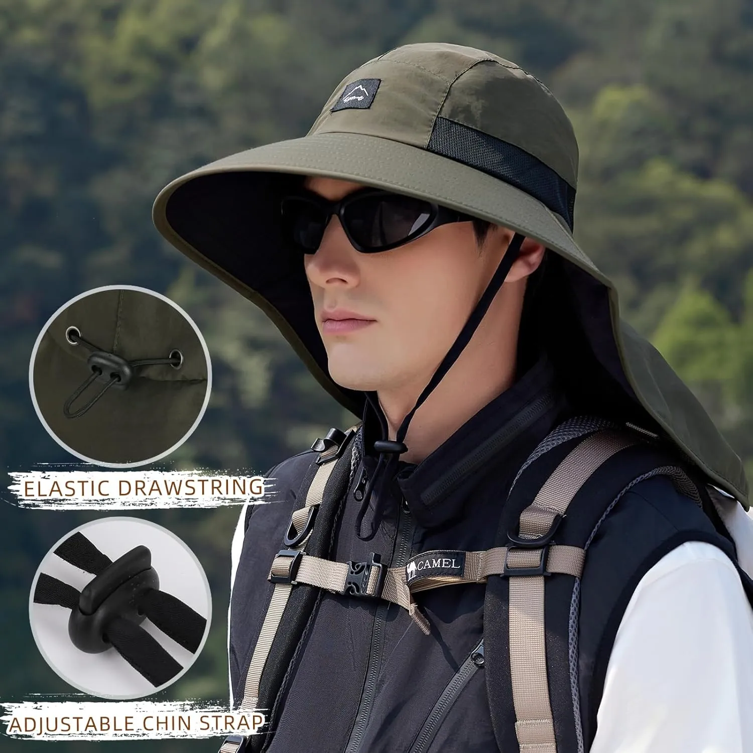 Rosoz Outdoor Sun Hat for Men Women, UPF50  Protection Safari Cap Wide Brim Mesh Fishing Hat with Neck Flap Beach Garden