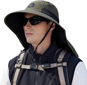 Rosoz Outdoor Sun Hat for Men Women, UPF50  Protection Safari Cap Wide Brim Mesh Fishing Hat with Neck Flap Beach Garden