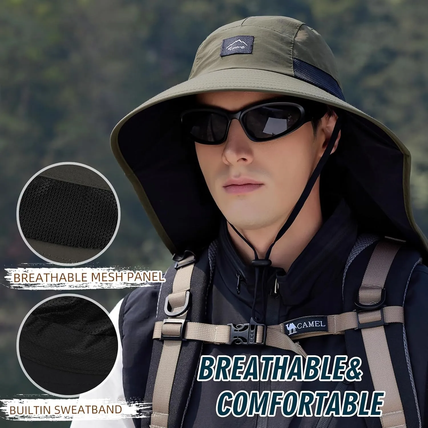 Rosoz Outdoor Sun Hat for Men Women, UPF50  Protection Safari Cap Wide Brim Mesh Fishing Hat with Neck Flap Beach Garden