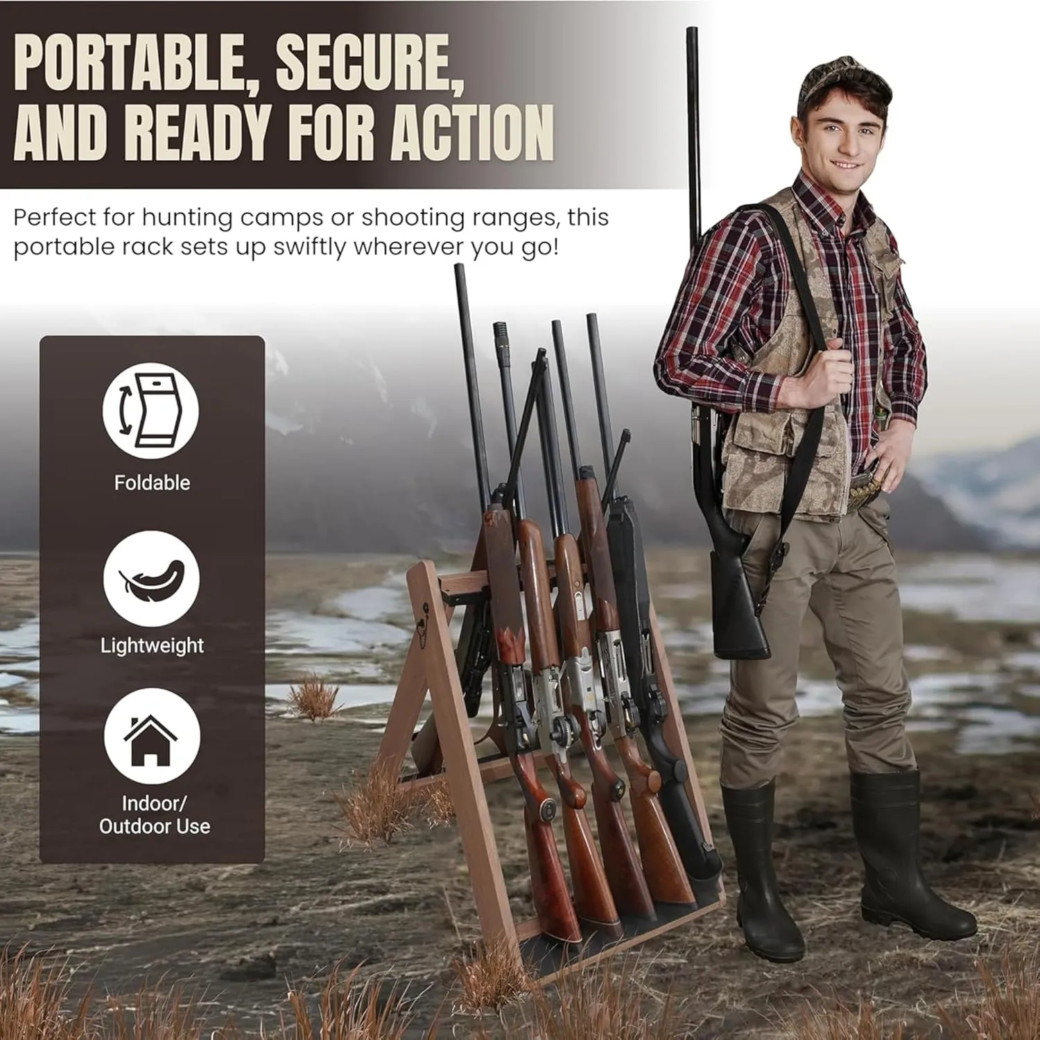 Rush Creek Creations Outdoor Portable Deer Camp Gun Rack for Rifles or Shotguns, Freestanding Indoor and Outdoor Gun Storage for up to 10 Firearms