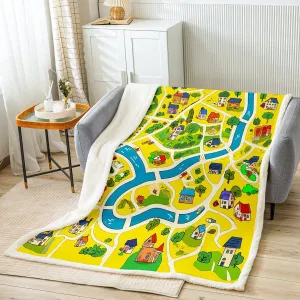 Rustic Countryside Bed Blanket,Suburb House Tree River Hand Graffiti Flannel Blanket for Room Decor,Yellow Nature Roadway Landscape Fleece Blanket for Kids Sofa Dorm Decor,Throw 50"x60"