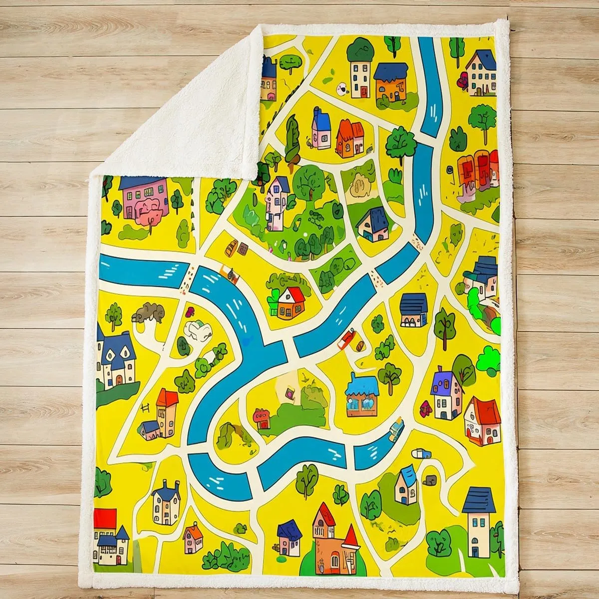 Rustic Countryside Bed Blanket,Suburb House Tree River Hand Graffiti Flannel Blanket for Room Decor,Yellow Nature Roadway Landscape Fleece Blanket for Kids Sofa Dorm Decor,Throw 50"x60"
