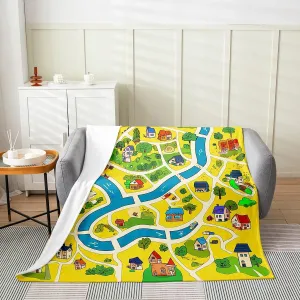 Rustic Countryside Flannel Blanket for Kids,Suburb House Tree River Hand Graffiti Fleece Throw Blanket for Bedroom Sofa,Yellow Nature Roadway Landscape Bed Blanket,Baby (30 x 40 Inches)