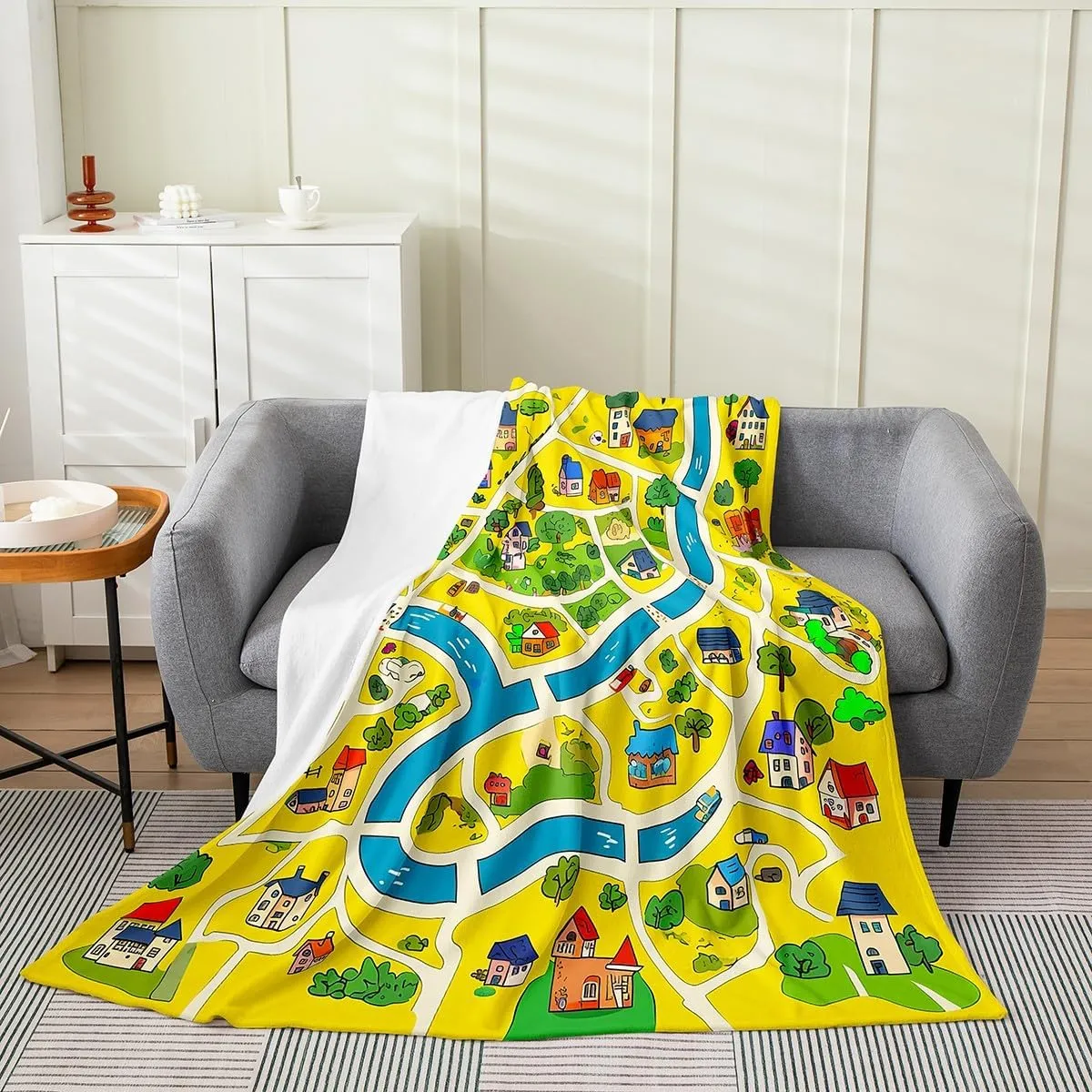 Rustic Countryside Flannel Blanket for Kids,Suburb House Tree River Hand Graffiti Fleece Throw Blanket for Bedroom Sofa,Yellow Nature Roadway Landscape Bed Blanket,Baby (30 x 40 Inches)