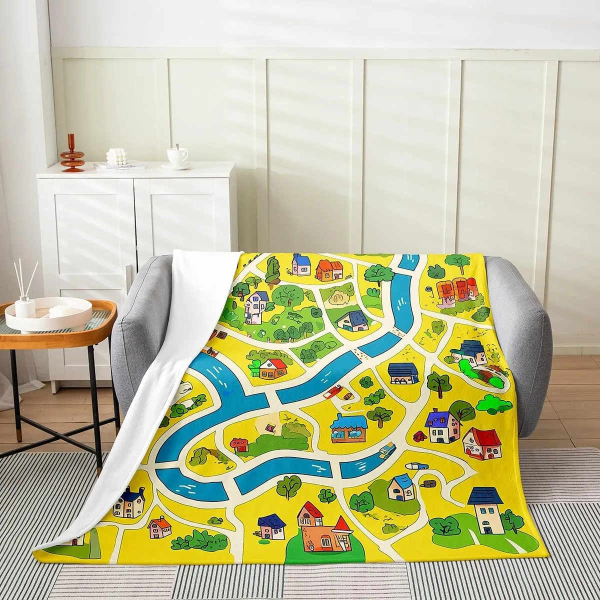 Rustic Countryside Flannel Blanket for Kids,Suburb House Tree River Hand Graffiti Fleece Throw Blanket for Bedroom Sofa,Yellow Nature Roadway Landscape Bed Blanket,Baby (30 x 40 Inches)