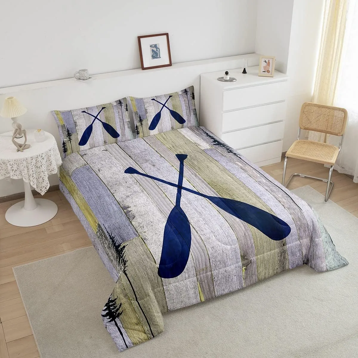 Rustic Farmhouse Old Barn Door Bedding Set - Blue Lake Paddle Decor Twin Comforter Set with 1 Pillowcase