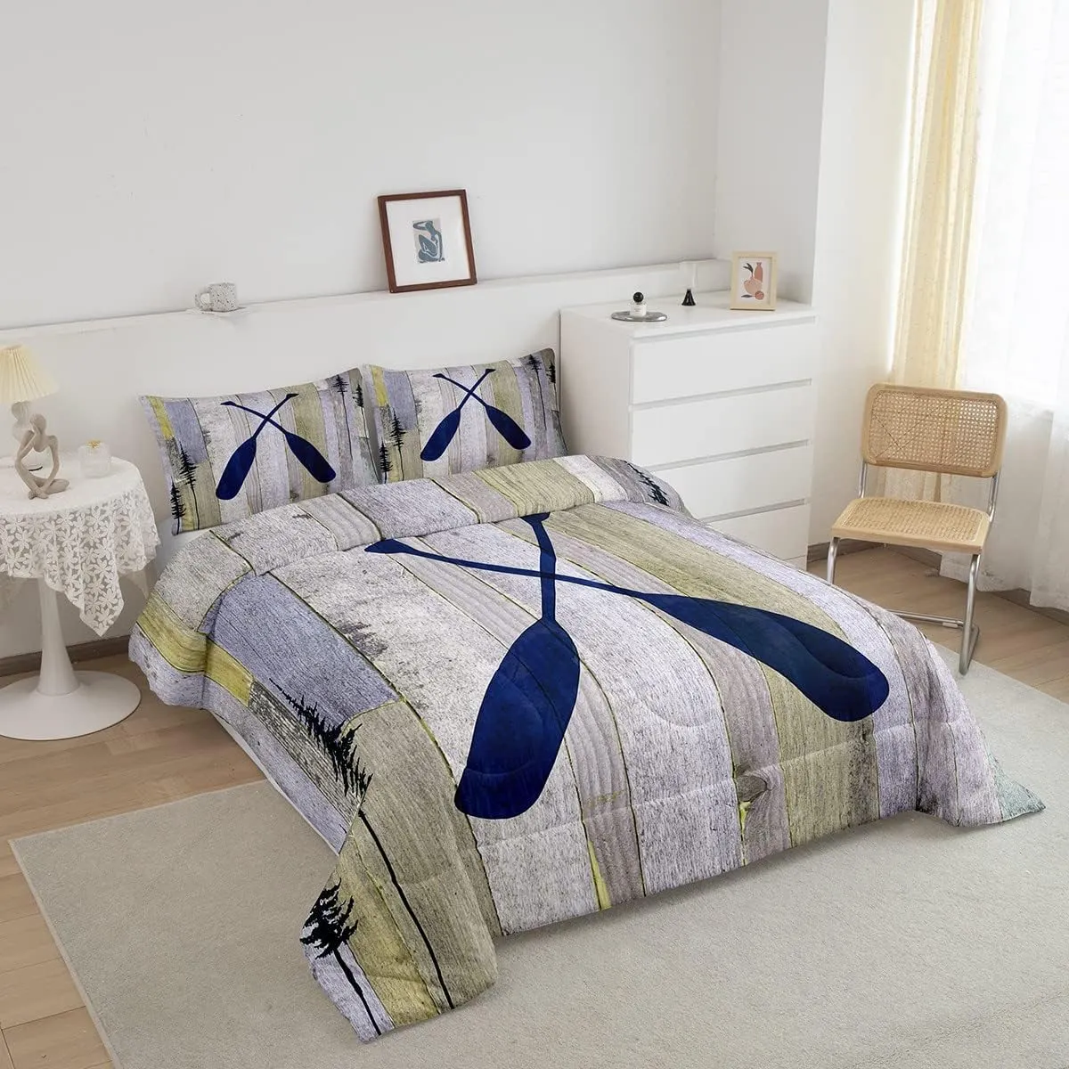 Rustic Farmhouse Old Barn Door Bedding Set - Blue Lake Paddle Decor Twin Comforter Set with 1 Pillowcase
