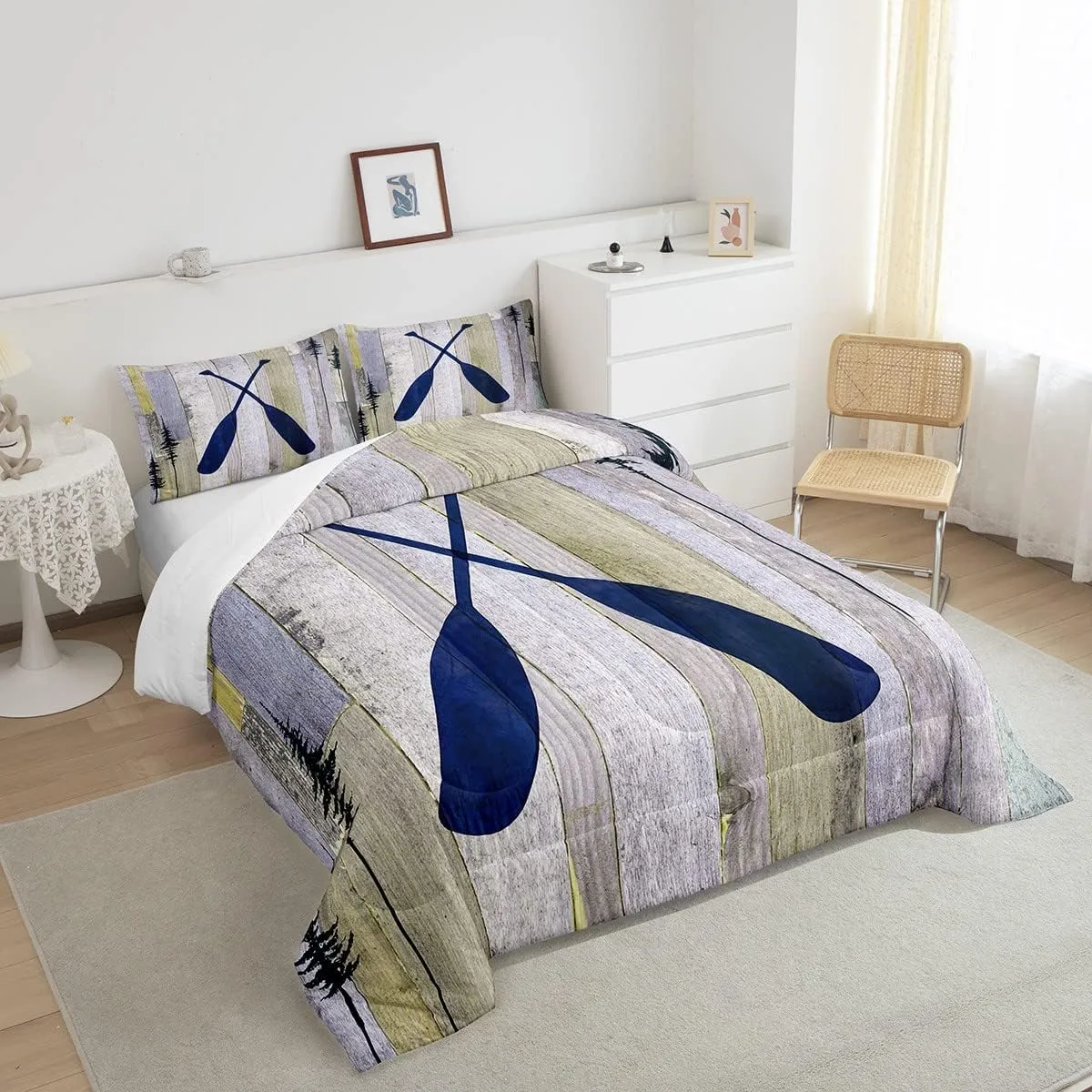 Rustic Farmhouse Old Barn Door Bedding Set - Blue Lake Paddle Decor Twin Comforter Set with 1 Pillowcase