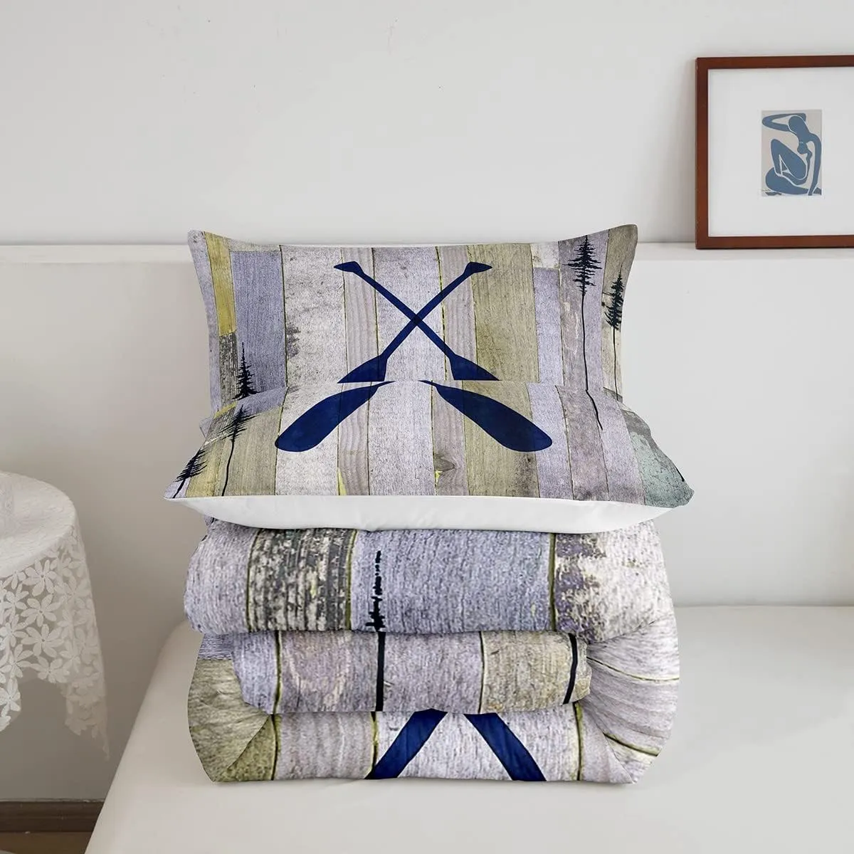 Rustic Farmhouse Old Barn Door Bedding Set - Blue Lake Paddle Decor Twin Comforter Set with 1 Pillowcase