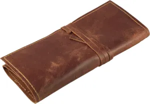Rustic Genuine Leather Pencil Roll - Pen and Pencil Case - Dark Brown