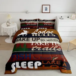 Rustic Lake Cabin Bedding Comforter Sets, Camping Lodge Rules Comforter Set Moose Vintage Wooden Barn Door Quilt Twin Size for Kids Teens Adult,Farmhouse Country Quilted Duvet Lakeside Camp Rv Decor