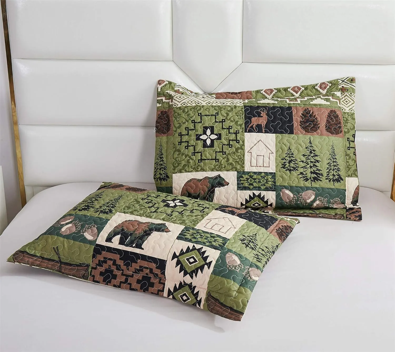 Rustic Lodge Quilt Set Moose Elk Bedspread Twin Size Forest Bear Deer Quilt Matcha Green Reversible Festive Cabin Coverlets Farmhouse Decor Bed Cover Sets with 2 Pillow Shams