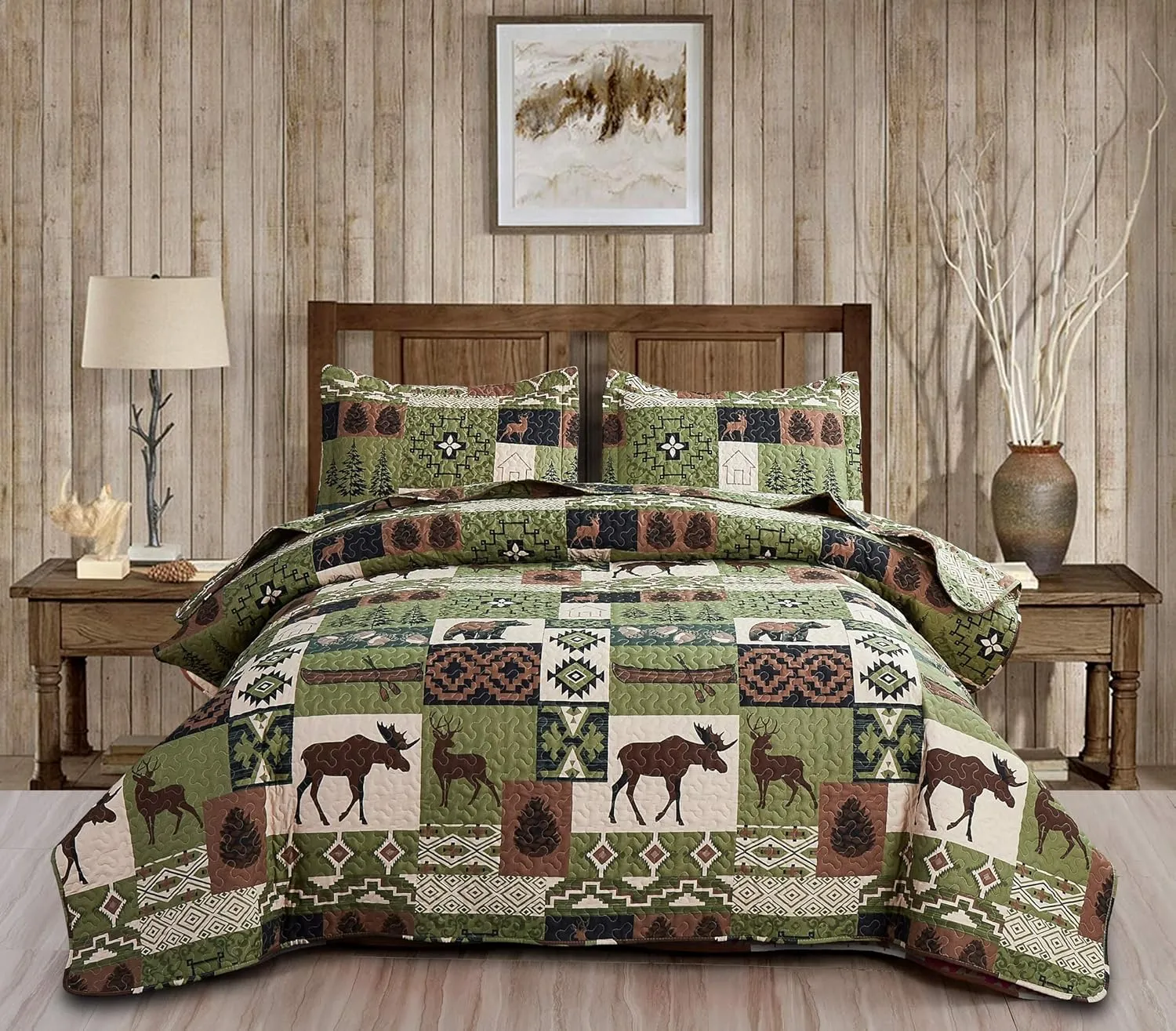 Rustic Lodge Quilt Set Moose Elk Bedspread Twin Size Forest Bear Deer Quilt Matcha Green Reversible Festive Cabin Coverlets Farmhouse Decor Bed Cover Sets with 2 Pillow Shams