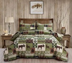Rustic Lodge Quilt Set Moose Elk Bedspread Twin Size Forest Bear Deer Quilt Matcha Green Reversible Festive Cabin Coverlets Farmhouse Decor Bed Cover Sets with 2 Pillow Shams