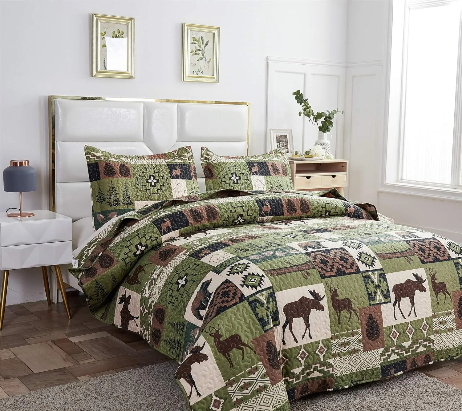 Rustic Lodge Quilt Set Moose Elk Bedspread Twin Size Forest Bear Deer Quilt Matcha Green Reversible Festive Cabin Coverlets Farmhouse Decor Bed Cover Sets with 2 Pillow Shams