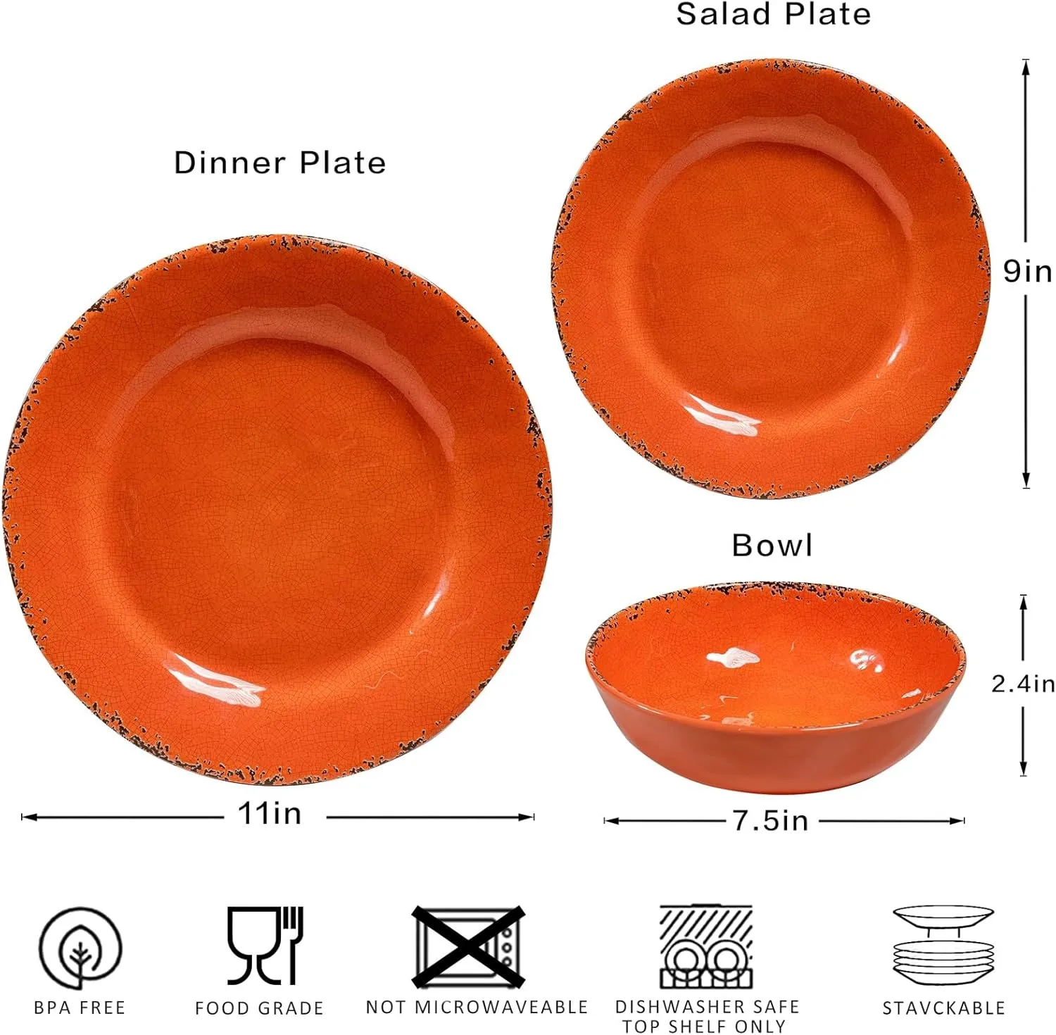 Rustic Melamine Dinnerware Sets, Farmhouse Dishes Set for 4, Lightweight 12 Piece Kitchen Plates and Bowls Set for Indoor and Outdoor Use, Dishwasher Safe, Orange