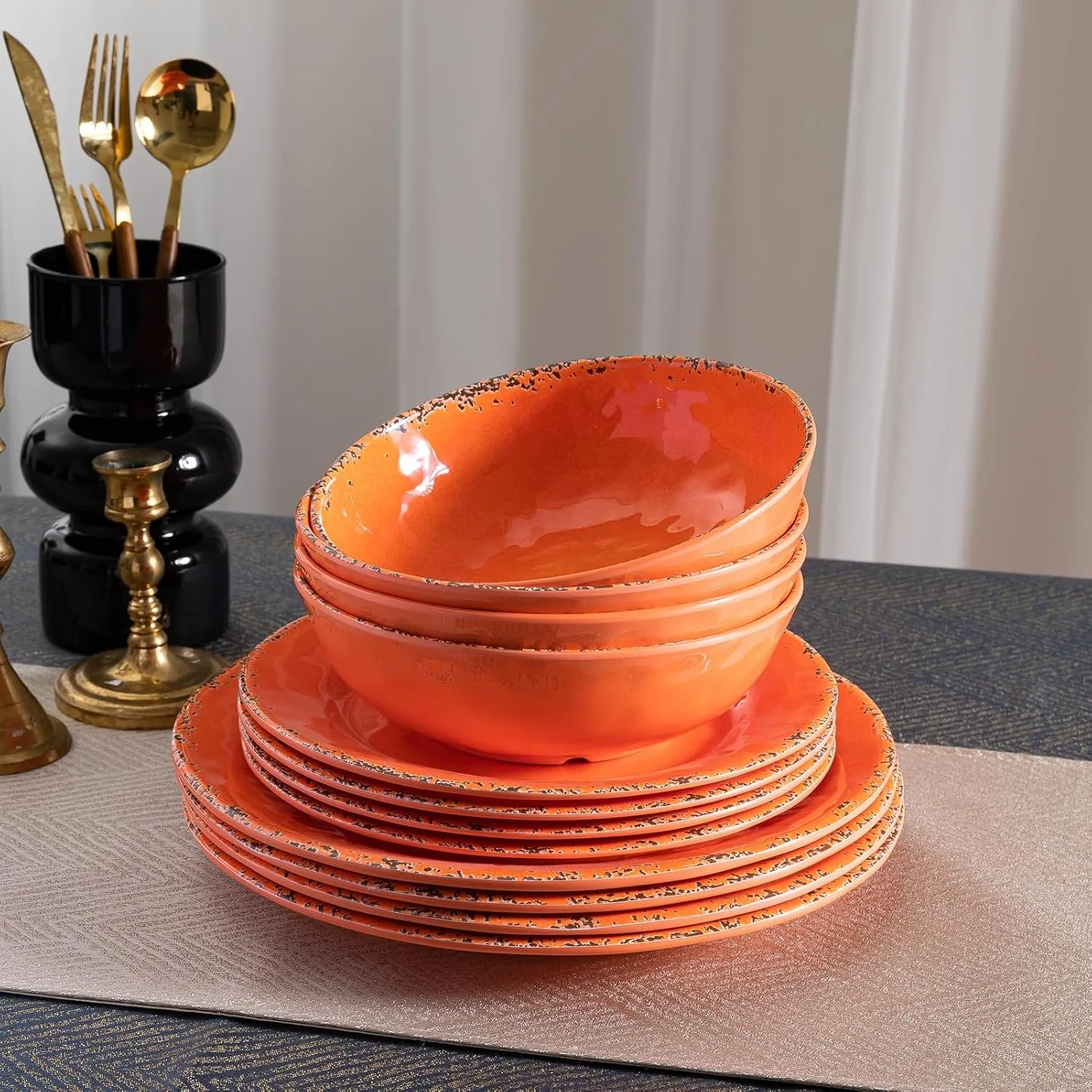Rustic Melamine Dinnerware Sets, Farmhouse Dishes Set for 4, Lightweight 12 Piece Kitchen Plates and Bowls Set for Indoor and Outdoor Use, Dishwasher Safe, Orange