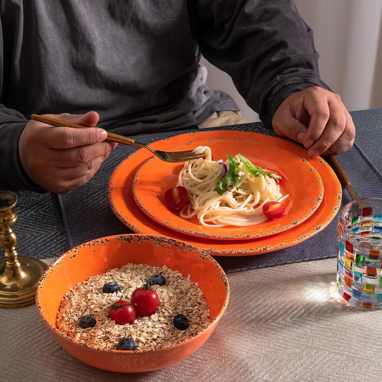 Rustic Melamine Dinnerware Sets, Farmhouse Dishes Set for 4, Lightweight 12 Piece Kitchen Plates and Bowls Set for Indoor and Outdoor Use, Dishwasher Safe, Orange